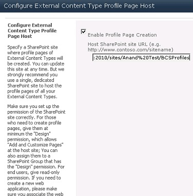 Configure external content type profie page host